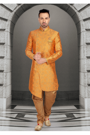 Orange With Brown Color Art Silk Fabric Indo Western